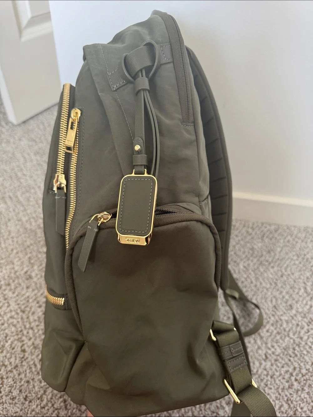 Tumi Olive Green Nylon Backpack with Gold Hardware